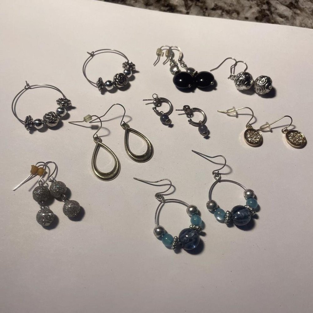 Lot Of 8 Beaded Costume Earrings Pierced Bead / Metal Mix Dangle / Hoop